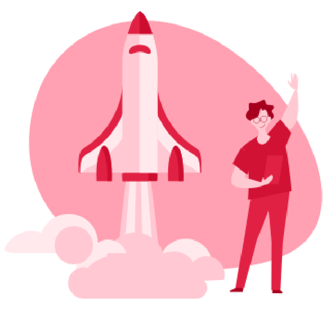 ilustracja startującej rakiety i mężczyzny, który ma podniesioną do góry rękę
